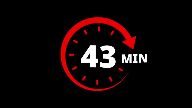 Red circular timer icon indicating 43 minutes countdown with arrow animation. 43 minutes clock timer. Timer 43 minutes countdown clock with circular arrow. 43 Min arrow clock icon animation.