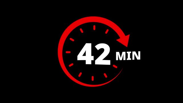 Red circular timer icon indicating 42 minutes countdown with arrow animation. 42 minutes clock timer. Timer 42 minutes countdown clock with circular arrow. 42 Min arrow clock icon animation.