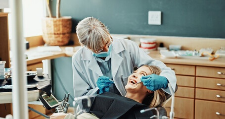 Consultation, dentist and woman in clinic for teeth whitening, extraction or dental health. Medical...