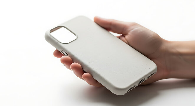 Hands holding white textured phone case - A pair of hands securely gripping a sleek white textured phone case, showcasing its design and protection features.
