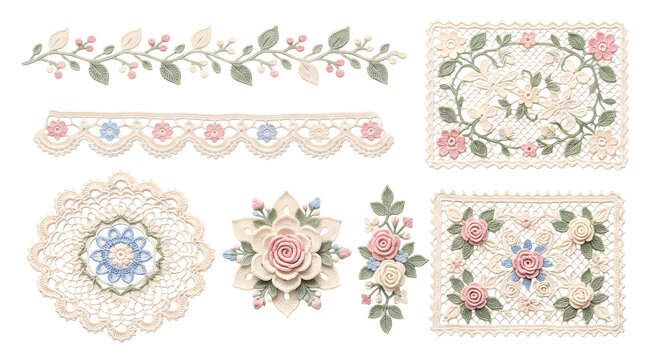 Set of delicate handmade crochet lace doilies and floral borders isolated on transparent background