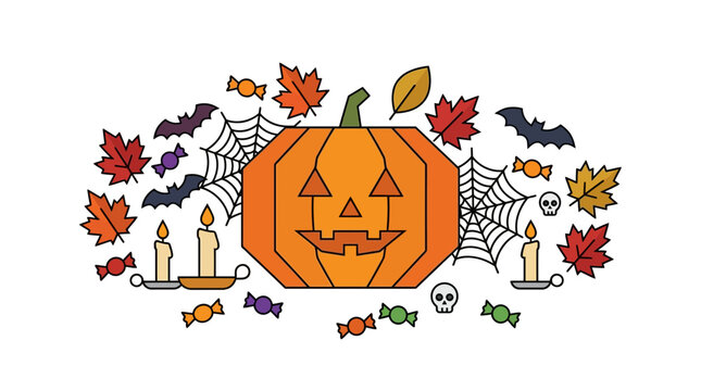 Halloween Celebration Elements Collection featuring a Carved Jack-o-lantern Pumpkin, Autumn Leaves, Spooky Bats and Festive Candies