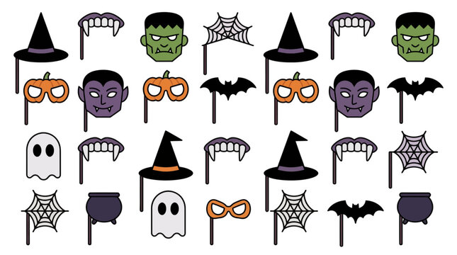 Halloween Photo Booth Props and Spooky Party Elements Set with Witch Hat Vampire Pumpkin and Ghost Icons on White Background
