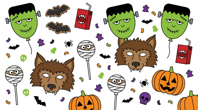 Festive Halloween Party Elements Featuring Cartoon Monsters Spooky Decorations and Trick or Treat Treats for Holiday Celebration Designs