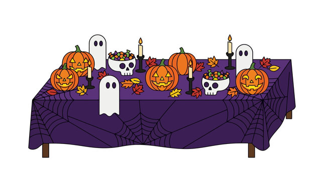 Halloween festive table setting with glowing jack-o'-lanterns, ghost decorations, candy, and autumn leaves on a purple spiderweb tablecloth