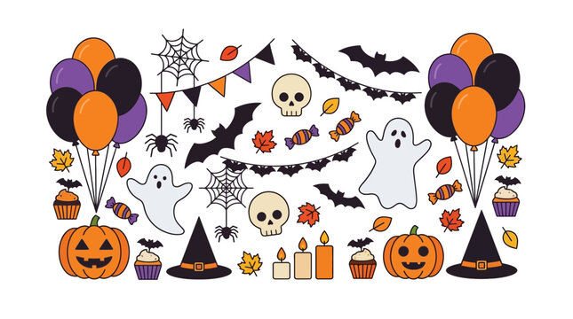 Halloween Party Element Collection with Pumpkins, Ghosts, Skulls, and Spooky Decorations for Celebration