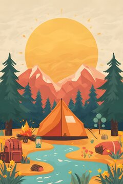 Adventure Summer Camp Landscape with Camping Tent Lake and Pine Trees