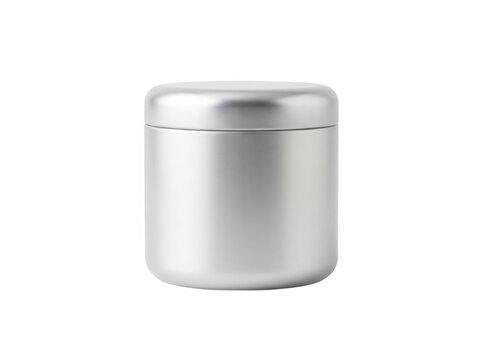 Un pot cylindrique en m&eacute;tal argent&eacute; avec couvercle, pr&eacute;sent&eacute; sur un fond blanc pur, id&eacute;al pour le packaging de produits cosm&eacute;tiques, alimentaires ou de soins personnels.