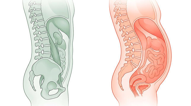 Human torso anatomy comparison, front and side views, internal organs