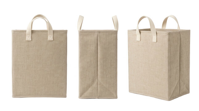 Ensemble de sacs de courses r&eacute;utilisables en toile de jute beige avec poign&eacute;es robustes, pr&eacute;sent&eacute;s sous diff&eacute;rents angles sur un fond blanc pur pour une utilisation commerciale.