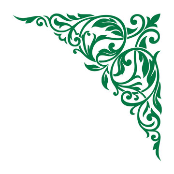 Elegant green floral corner ornament with swirling vines and leaves isolated