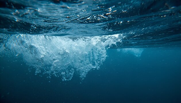 Underwater View of Water Motion and Fluid Texture in Vivid Detail, Abstract Blue Liquid Surface and Dynamic Aquatic Background