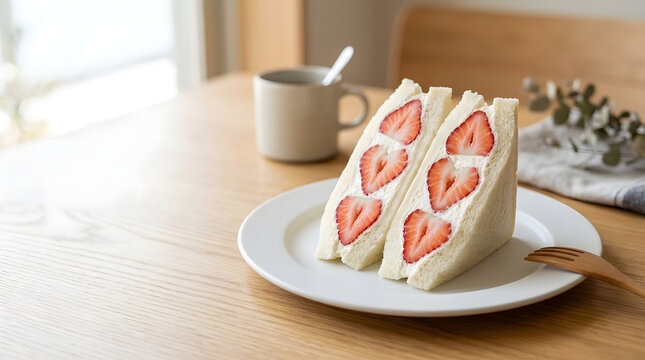 Japanese Strawberry Fruit Sandwich Ichigo Sando with Whipped Cream on White Plate