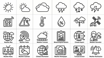 Fototapeta premium Weather forecast and news outline vector icon collection for web mobile and print