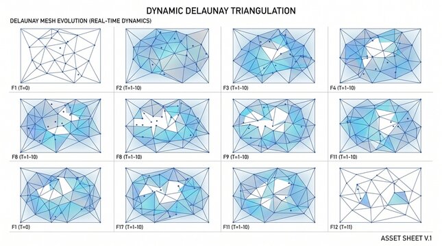 Abstract blue geometric triangulation mesh evolution showing multiple frames of computational polygonal network development