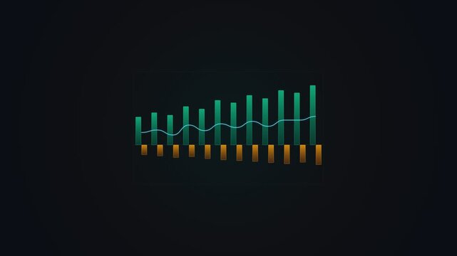 Clean 4K textless dual-axis revenue versus expense bar trend chart featuring upward emerald revenue bars, downward amber expense bars, net margin trend curve line with clip-path suspense reveal, and d