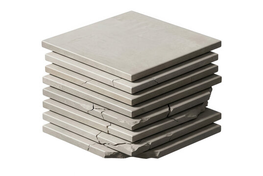 Une pile de carreaux de c&eacute;ramique gris empil&eacute;s sur un fond blanc, montrant des textures de pierre naturelle et des bords l&eacute;g&egrave;rement &eacute;br&eacute;ch&eacute;s pour un design architectural moderne.