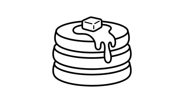 Black and white line art illustration of a stack of pancakes with melting butter and dripping maple syrup. Simple vector sketch design isolated on a white background.