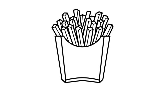 Black and white line art illustration of crispy french fries in a classic paper carton. Simple vector sketch of fast food meal isolated on a clean white background.