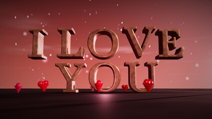 I Love You Rose Gold 3D Letters with Floating Hearts and Falling Petals at Magenta Dusk