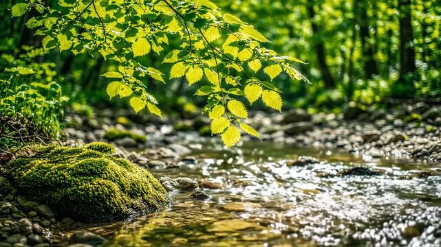 Sunlit Forest Stream With Mossy Rocks And Lush Green Foliage Forest Stream