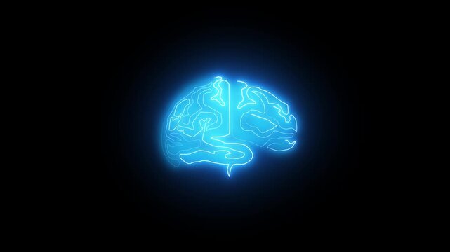 Computer generated icon of the human brain with neon light running through the meanders. 3d rendering