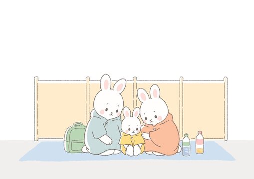 避難所で過ごすウサギの家族　災害時の避難生活と防災イラスト　A4 横向き