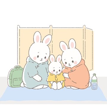避難所で過ごすウサギの家族　災害時の避難生活と防災イラスト　正方形
