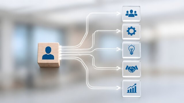 Wooden block with user icon connected to glass business symbols. Concept of corporate networking, skill development, and team leadership.