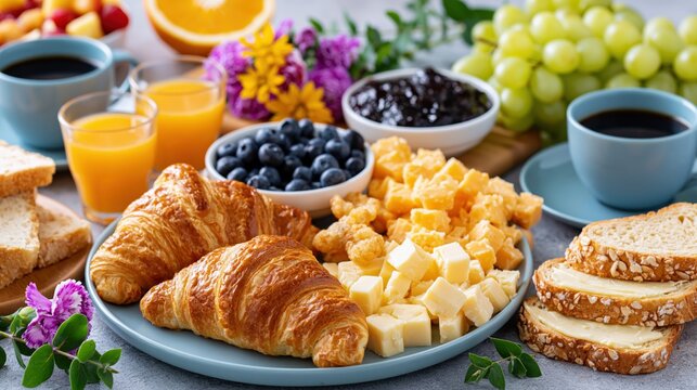 Delicious assortment of breakfast foods arranged on a table.
