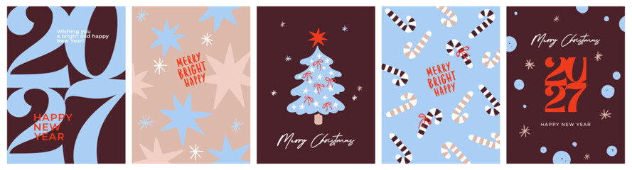 Fototapeta premium Merry Christmas and Happy New Year 2027 backgrounds, greeting cards, posters, holiday covers. Xmas templates with typography and season wishes in modern minimalist style for web, social media, print.