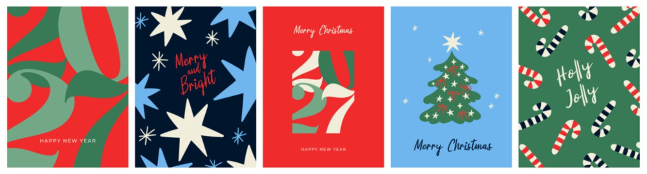 Merry Christmas and Happy New Year 2027 greeting cards, backgrounds, posters, holiday covers. Xmas templates with typography and season wishes in modern minimalist style for web, social media, print.