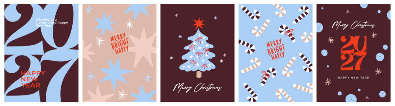 Merry Christmas and Happy New Year 2027 backgrounds, greeting cards, posters, holiday covers. Xmas templates with typography and season wishes in modern minimalist style for web, social media, print.