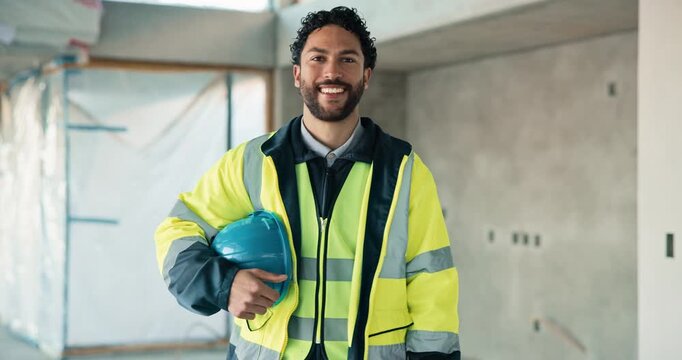 Construction, face or happy man on site with hardhat, contractor or ambition in building industry. Smile, confidence or engineer with ppe helmet, handyman or career pride in industrial development.