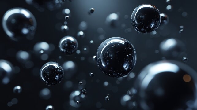Floating black metallic spheres in dark space