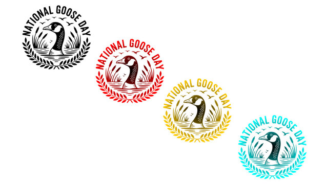 National Goose Day round vintage emblem logo set featuring Canada goose head portrait, cattails reed grass, flying birds, and laurel wheat wreath frame in black red yellow and turquoise color variatio