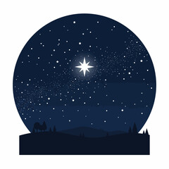 Fototapeta premium North Star shining brightly in a peaceful night sky over a dark silhouette landscape circular graphic illustration