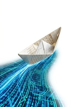 Paper boat navigating abstract blue circuit board data stream technology concept