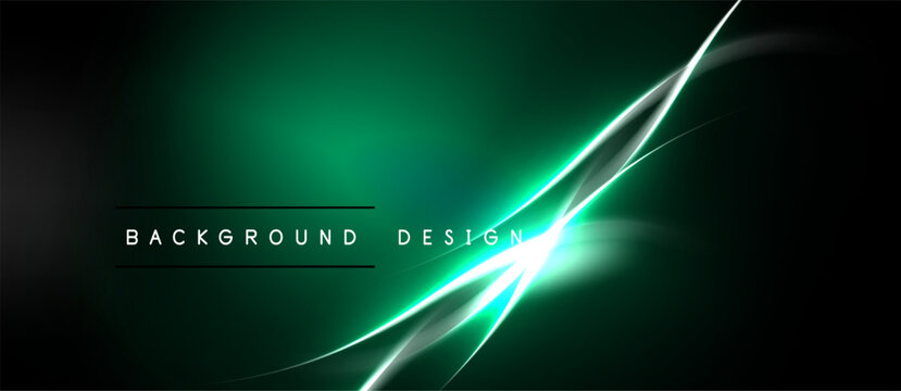 Dark green background features bright linear light streaks. Modern design with glowing lines creates dynamic visual effect. Minimalist aesthetic.