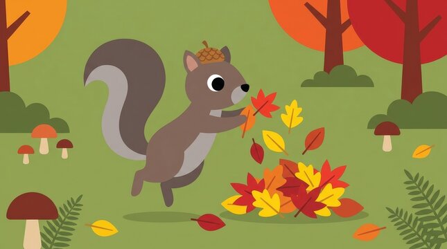 Playful Squirrel Gathering Colorful Fall Leaves in a Forest-(Tupai Lucu Mengumpulkan Daun Musim Gugur Berwarna-warni di Hutan)