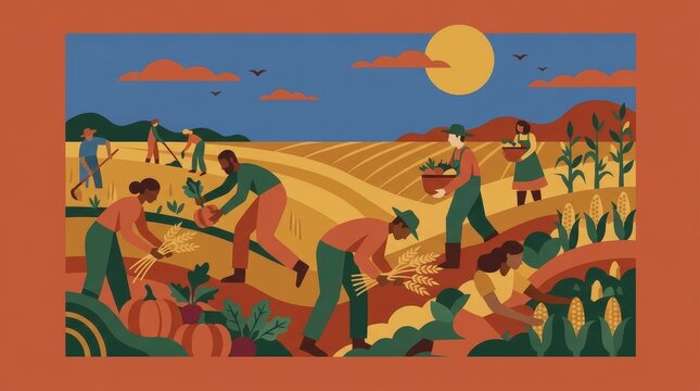 Farmers Harvesting Crops in a Golden Field Illustration-(Ilustrasi Petani Memanen Hasil Bumi di Ladang Keemasan)