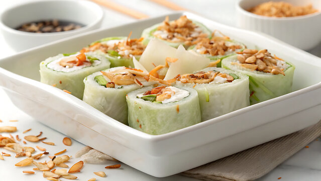 Mini Cham Cham rolls garnished with toasted coconut flakes, centered on a white porcelain dish
