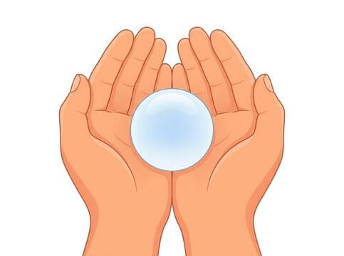 Ilustra&ccedil;&atilde;o vetorial de duas m&atilde;os humanas abertas segurando suavemente uma esfera azul brilhante ou uma gota de &aacute;gua cristalina, simbolizando cuidado, prote&ccedil;&atilde;o e sustentabilidade ambiental.