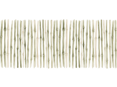 Padr&atilde;o de fundo horizontal com hastes de bambu pintadas em aquarela em tons suaves de verde, ideal para designs minimalistas, decora&ccedil;&atilde;o zen e projetos de papelaria criativa.