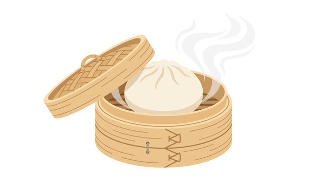 Fresh steamed bao bun in bamboo steamer with rising smoke, depicting traditional Asian cuisine