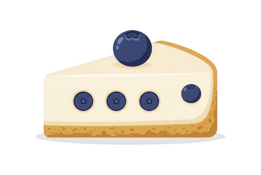 Uma fatia de cheesecake de mirtilo desenhada em estilo vetorial plano com uma base de biscoito crocante e mirtilos frescos decorando o topo e o recheio cremoso.