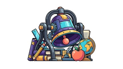 Fototapeta premium Mechanical school bell with books globe pencil and red apple education concept