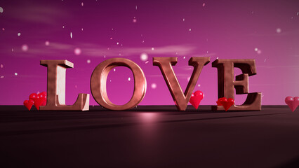 Love Rose Gold 3D Letters with Floating Hearts and Falling Petals at Magenta Dusk