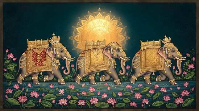 Three majestic adorned elephants with golden caparisons walking through a serene lotus pond under a glowing sun mandala