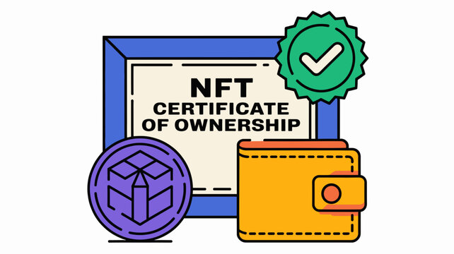 NFT certificate of ownership vector illustration, digital crypto wallet and token icon, blockchain asset verification concept